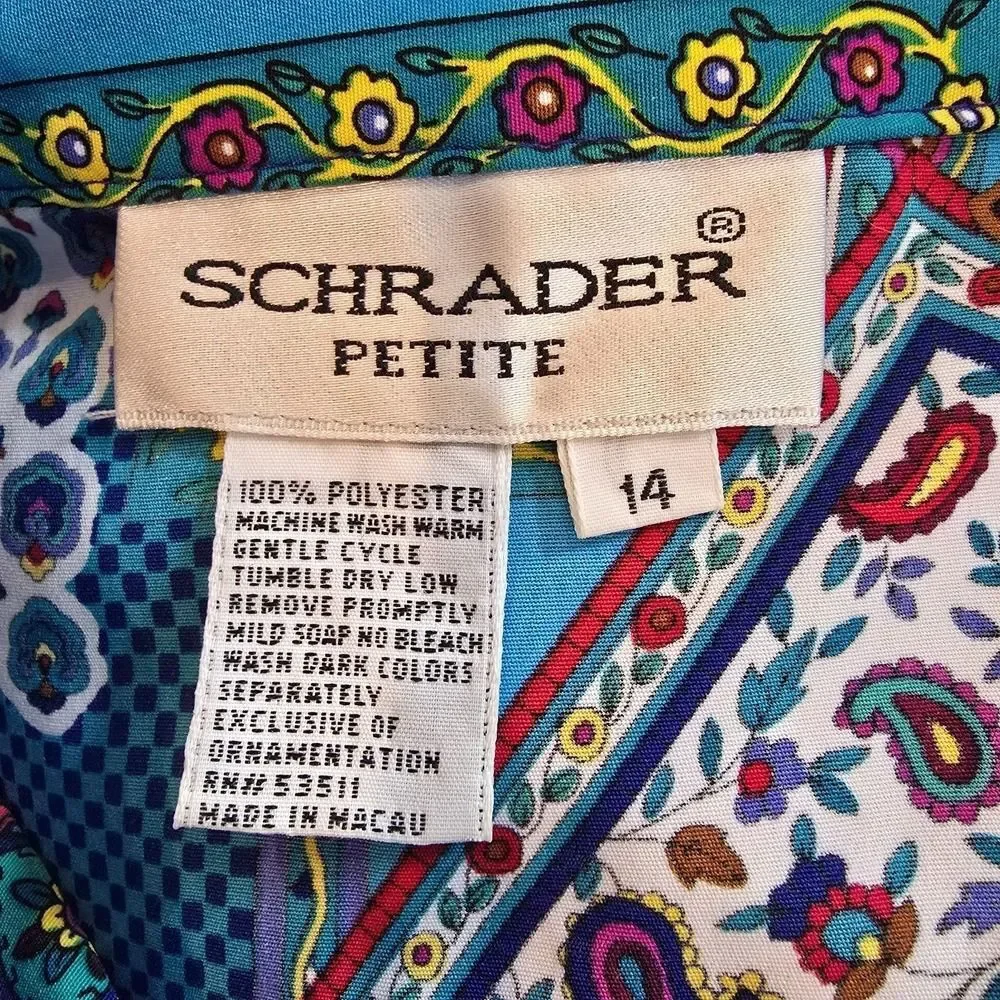 Vintage 80s Schrader Petite Dress Womens 14P Paisley Patchwork Shirtdress Midi